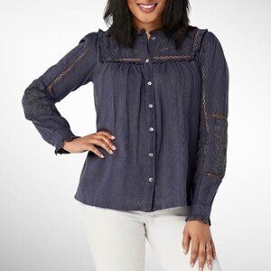 LOGO by Lori Goldstein Embroidered Ruffle Trim Blouse Top Boho Peasant Size XL‎